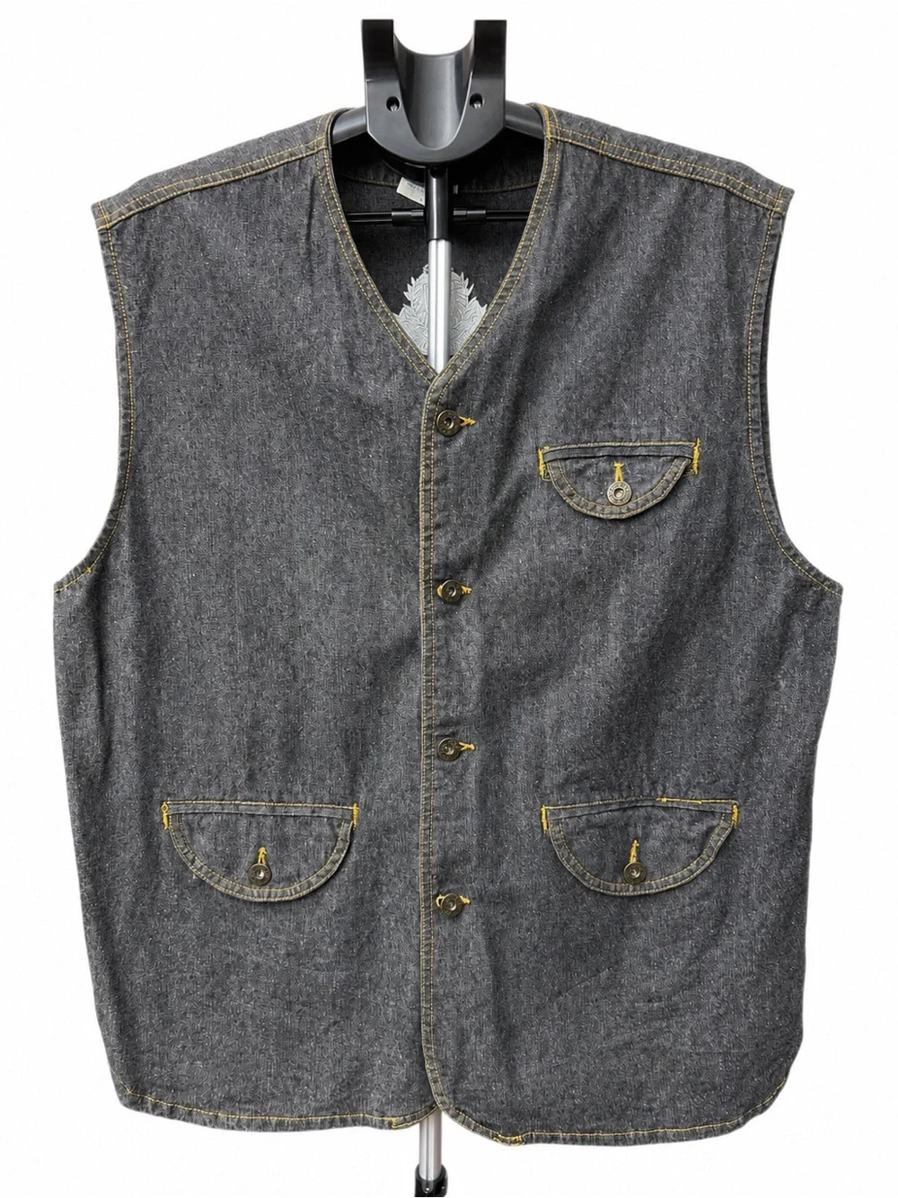 Duck Head Men's Gray Denim Utility Vest with Yellow Contrast Stitching